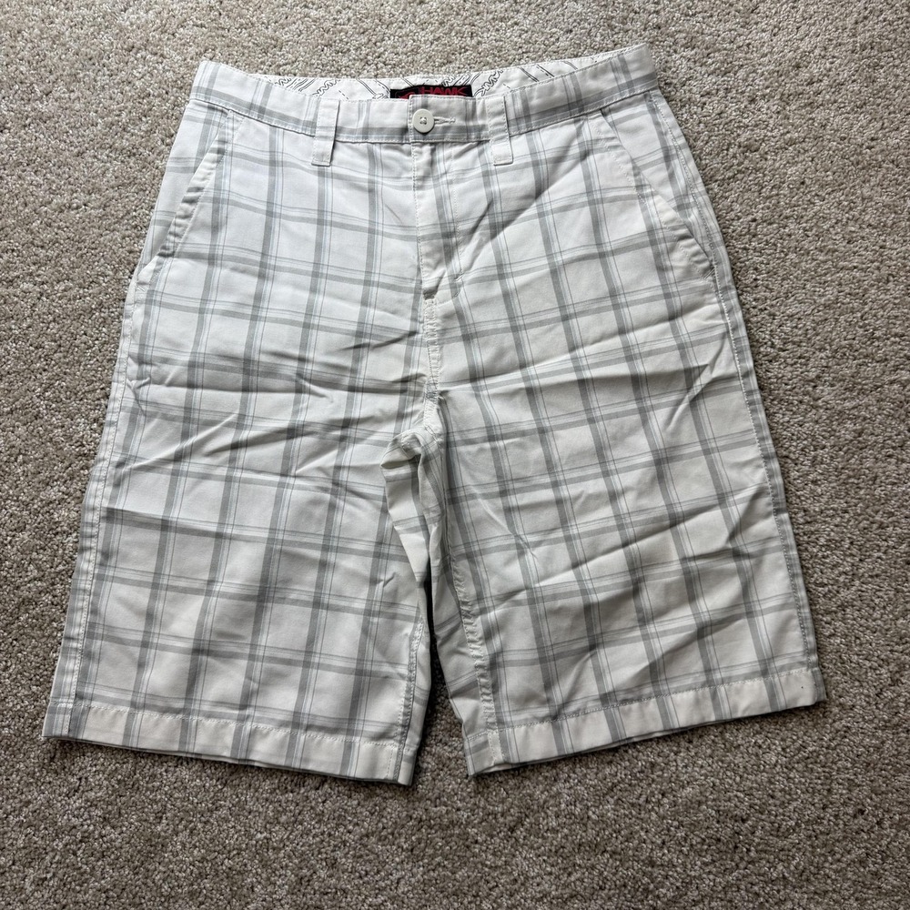 Y2K Hawk Chino Shorts Mens 32 White Plaid Cotton Poly Flat Front Casual Summer
